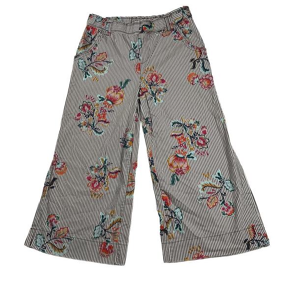 Democracy Wide Leg Raw Hem Cotton Pinstripe Floral Summer Pants Size 6 - Picture 1 of 10